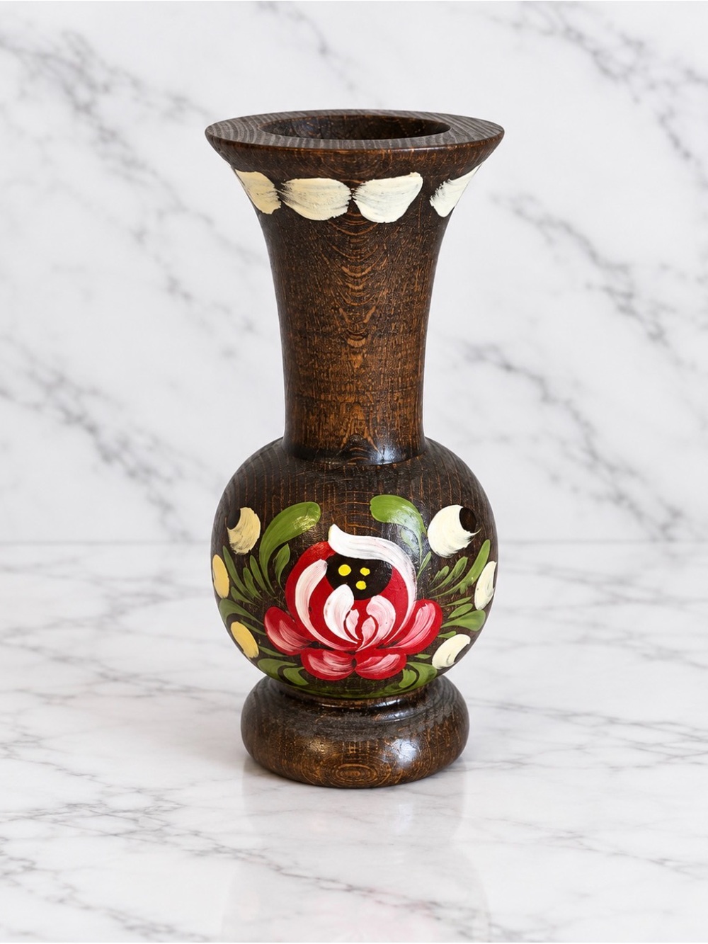 Hand-Painted Wooden Folk Art Bud Vase with Floral Design